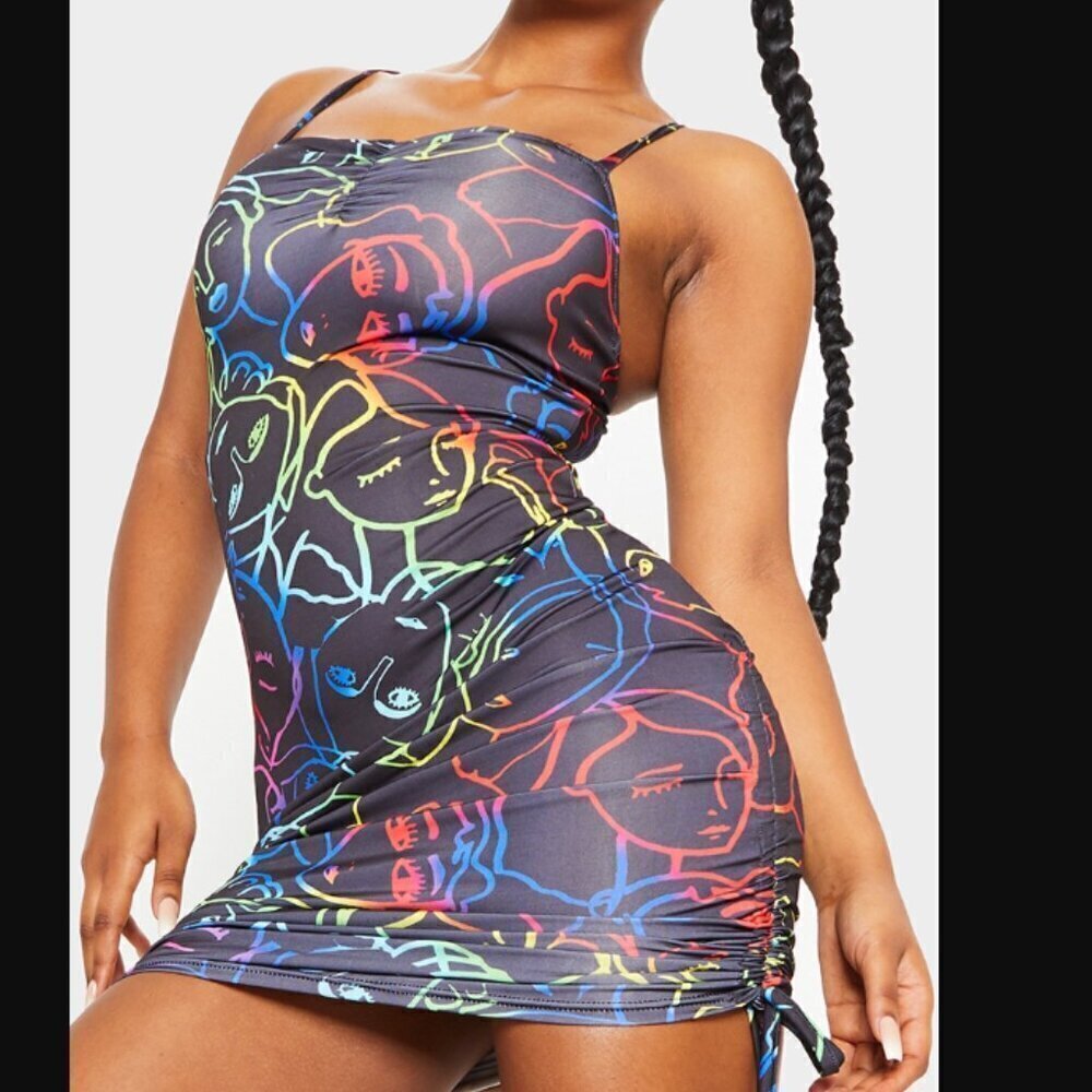 PrettyLittleThing Multi Abstract Face Print Slinky Ruched Side Bodycon Dress 6 - Picture 3 of 11